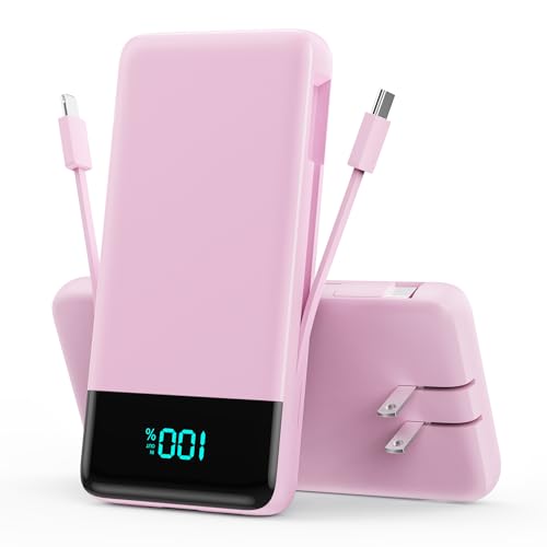 Image of Portable Charger Power Bank for iPhone with Built-in Cables and AC Wall Plug, 13800mAh Ultra Slim Travel Essentials,USB C Fast Charging External Battery Pack for iPhone 17 /16 /13,Galaxy,Android-Pink