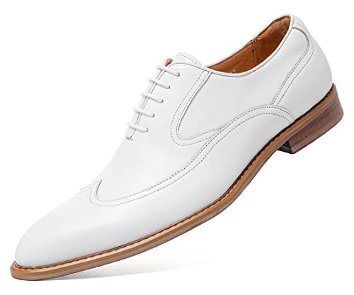 Santimon Men's Dress Shoes Formal Leather Wingtip Oxford Shoes for Men White
