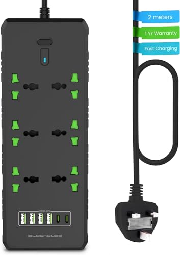 iBlockCube Universal Extension Lead, 6 Way with USB, Surge, 2m Cord