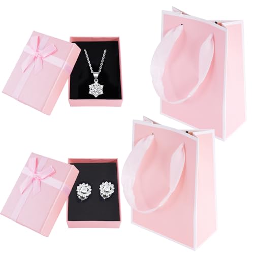 YFPOPONE 2 Stücke Schmuckschatullen mit Geschenkbeutel,9 x 7 x 3 cm,Schmuck Geschenkboxen,Geschenkverpackung Schmuck mit Schleife zum Ohrringen und Halskette,Geschenkbox Kleine mit Deckel (Rosa)