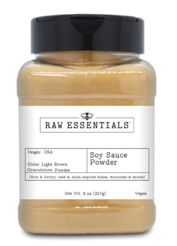 Raw Essentials Soy Sauce Powder | Rich Umami Flavor for Asian Dishes, Marinades & Snacks | Vegan | 8 Ounce Bottle