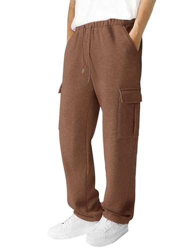 3rd hill Men's Fleece Cargo Sweatpants Loose Fit Cotton Joggers with 5 Pockets Open Bottom for Gym Hiking Casual Wear Brown XL