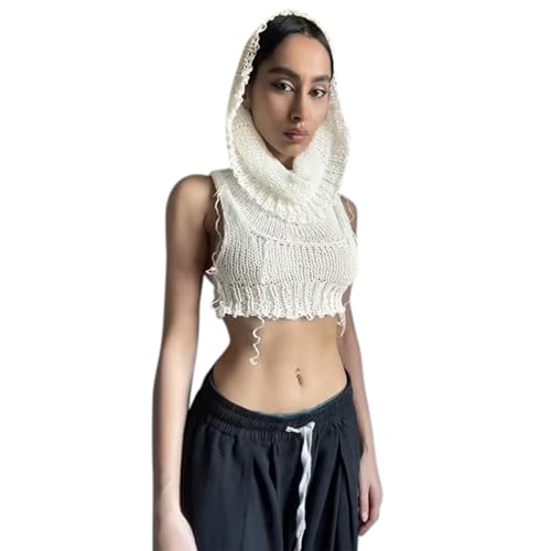 Image of Women's Knitted Hoodie Sweater Vest Sexy Sleeveless Hollow Out Hooded Crop Top Draped Sweatshirt Streetwear
