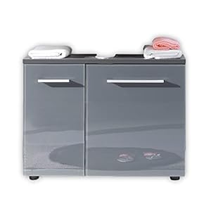 Stella Trading Grijs, badkamerkast in grijs met glazen front-bad onderkast, badkamerkast 2-deurs, glas, zwart, 69 x 60 x…