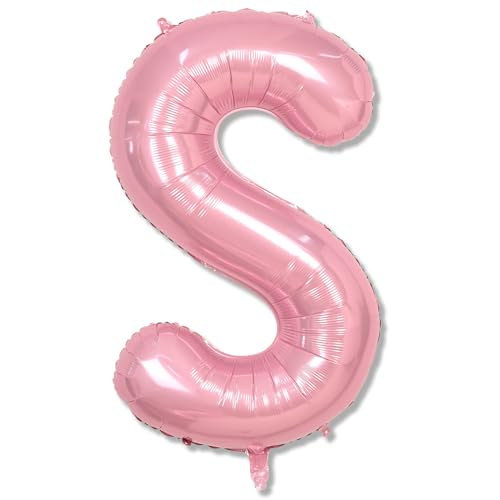 Self Inflating Pastel Pink S Letter Balloon, 40 Inch Large Alphabet Foil Custom Letter Balloon for Girls Birthday Party & Baby Shower Decoration