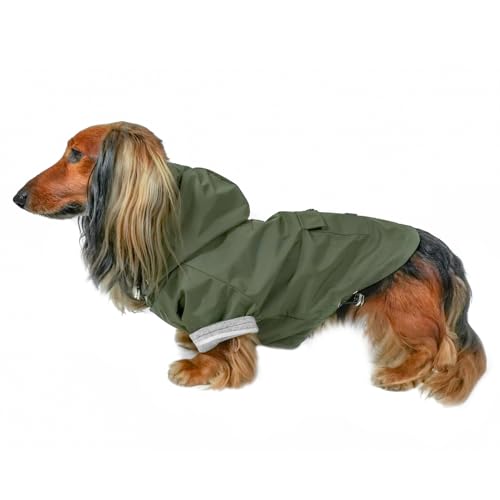 DJANGO Highland Dog Jacket - Waterproof Dog Coat with Hood - Adjustable Lightweight Olive Jacket for Small Dogs and Medium Dogs with Harness Hole, Cozy Lining and Back Pocket (Small, Olive)
