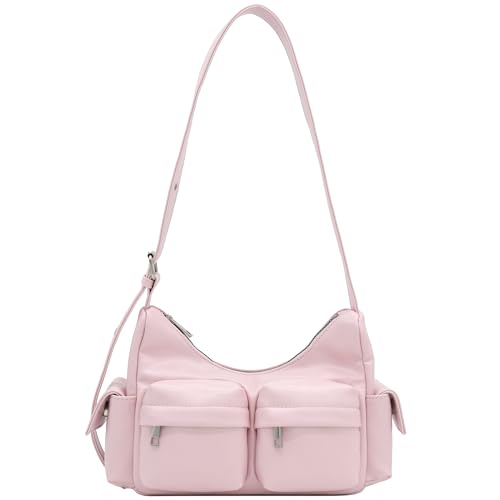 FashionPuzzle Glossy PU Leather Multi Pocket Shoulder Bag Hobo (Light Pink)