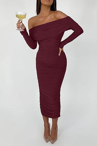 PRETTYGARDEN Women's Fall Off The Shoulder Maxi Dress Spring Long Sleeve Ruched Fitted Bodycon Club Dresses with Slit