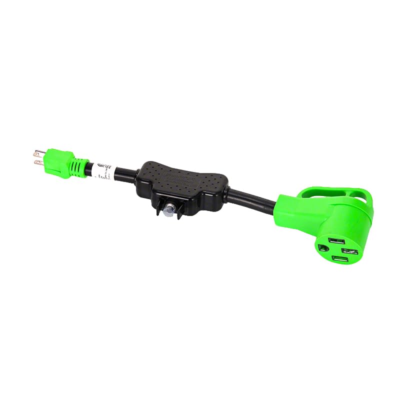 RV Adapter 15Amp to 50Amp Electrical Adapter with Overload Protector NEMA 5-15P to 14-50R Female Receptacle.125Volt 10 Gauge 16 Inch,Black-Green,ETL Listed