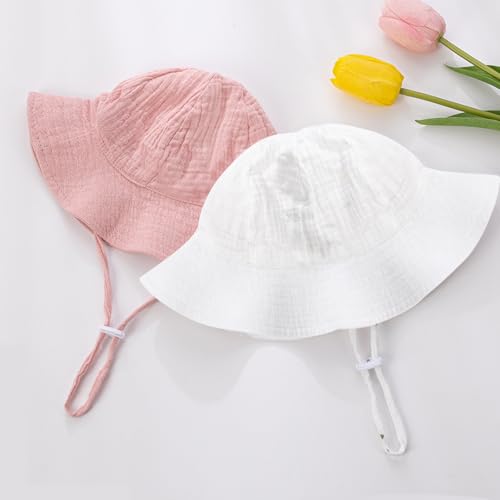 2 Pcs Baby Girl Sun Hat, Newborn Soft Cotton Bucket Hats, Toddler Cotton Beach Hat, with Adjustable Chin Strap, for 3-12Months - Image 4