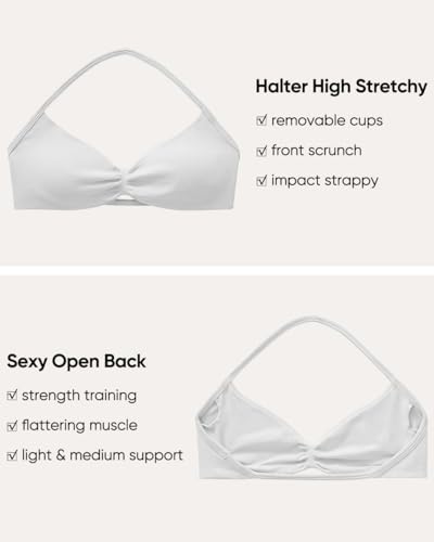 Image of OMKAGI Halter Sports Bras for Women Padded Strappy Bra Open Back Workout Gym Crop