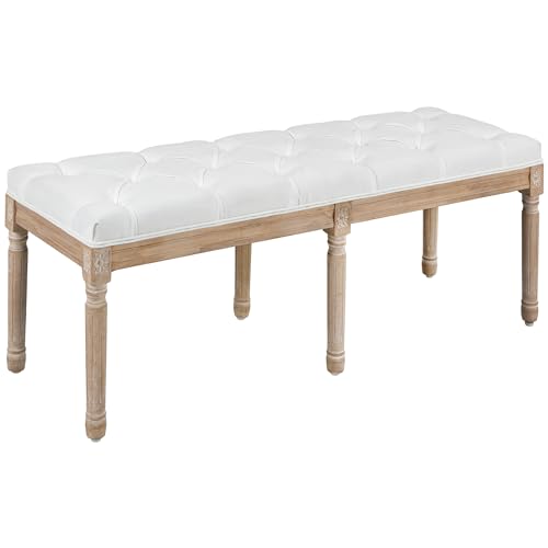 HOMCOM Banc Bout de lit Banquette capitonnée Style Vintage français Rembourrage épais revêtement Tissu Aspect Lin Pieds en Bois Massif crème