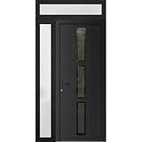 VDOMDOORS Front Exterior Prehung Metal-Plastic Door Frosted Glass | Manux 8112 Matte Black | Side and Top Sidelite Transom | 50x94 (W36+14xH80+14) Right Hand Inswing
