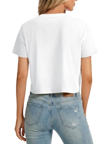 Image of SMENG Women's Crop Tops Cotton Loose Fit Tshirt Basic Short Sleeve Shirt