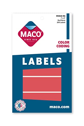 MACO Neon Red Rectangle Color Coding Labels, 1 x 3 Inches, 200 Per Box (MS1648-RG)