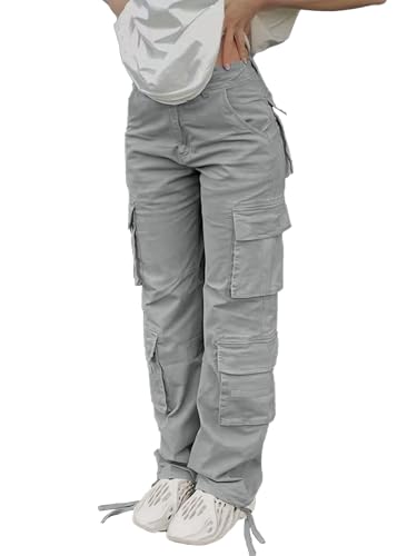 SDNGED Cargo Pants for Women High Waisted Casual Pants Baggy Y2k Straight Wide Leg Pants with Pockets Streetwear Grey