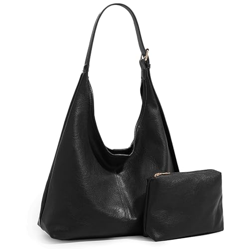 JueiXeoy Hobo Bags for Women Slouchy Tote Bag Crossbody Purses 2PCS Retro Vegan Leather Shoulder Handbags with Coin Purse Set Black