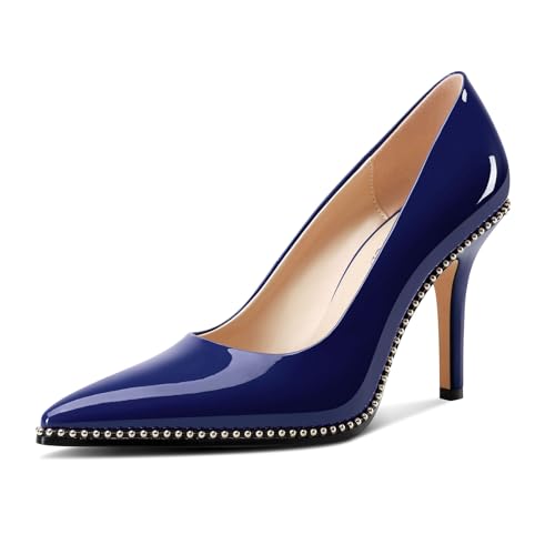 Image of TNYNFBEB Womens Stiletto Mid Heel Pointed Toe Pumps Slip-on Sliver Beaded Prom Wedding Dress Basic Classic Patent Leather 3.5 Inches Heels