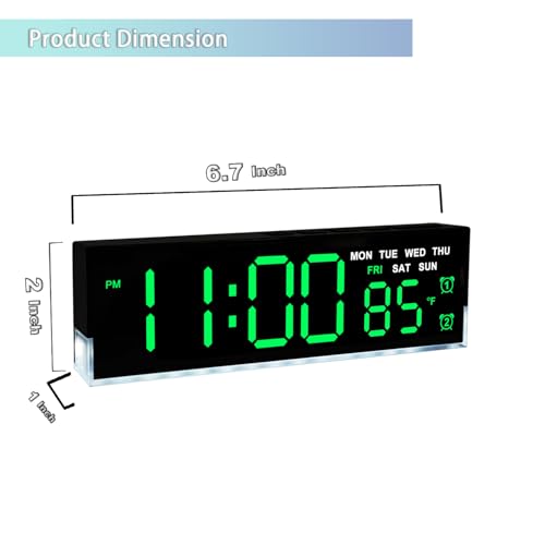 Image of zyzamay 7-Inch Modern LED Digital Alarm Clock with Dual Alarms & Soft Bottom Light｜Displays Time, Date, Day, Temperature ｜3-Level Auto /Manual Brightness, DST, USB or Battery Powered Desk Clock,Green