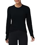 Women's Long Sleeve Compression Shirts Workout Tops Cross Hem Athletic Running Yoga T-Shirts with Thumb Hole Black