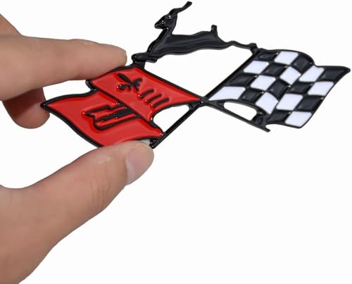 Image of 1Pc 1961 Impala Die Cast Rear Quarter Panel Emblem Crossed Flag 3D Badge Sticker KC4525 Replacement for Impala (Black /Red)