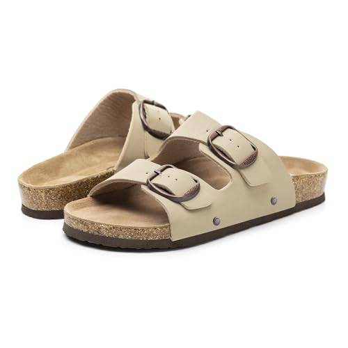 Image of FITORY Womens Flat Sandals with Cork Footbed, Open Toe Arch Support Slides Adjustable Slip On Slippers for Summer 2026 Size 6-11