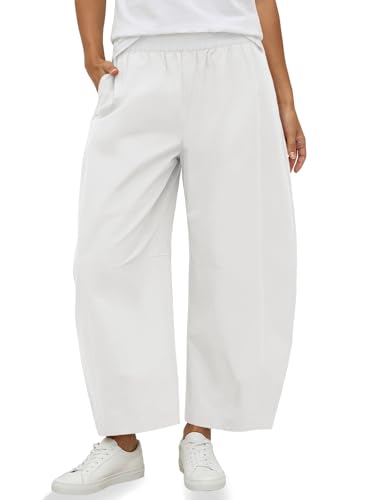 Fisoew Womens Wide Leg Barrel Pants Summer High Waisted Harem Pants Casual Cotton Baggy Trousers with Pockets White
