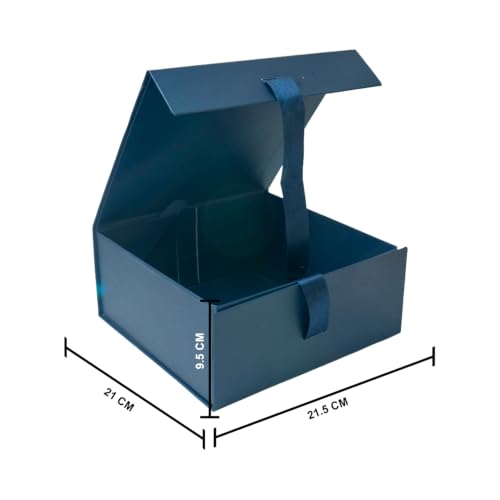 Image of Kura by Ekhasa Foldable Large Multipurpose Gift Hamper Box (21.5 x 21 x 9.5 cm) with Magnetic Closure & Ribbon | Blue Rigid Cardboard Empty Reusable Packing Box | Birthday, Wedding & Festive Gifting