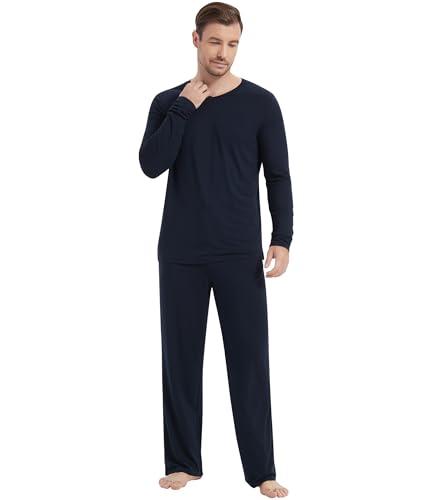 Image of NACHILA Pajamas for Men-Viscose Made from Bamboo, Long Sleeve Pajamas Set Comfy Sleepwear Pants Soft V Neck Pjs with Pockets