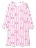 Tebbis Girls Nightgown – Long Sleeve Sleepwear Pink Bow & Striped Pattern Nightdress Pajama Size 8
