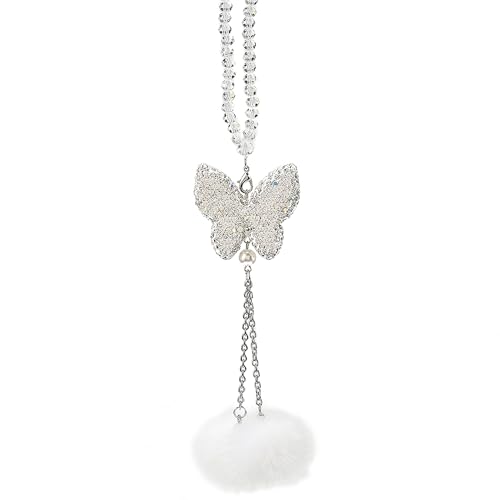 Image of Crystal Rhinestones Butterfly Car Hanging Ornament Shimmering Rearview Mirror Pendant with Fur Ball Car Charm Auto Interior Decoration Accessories, White