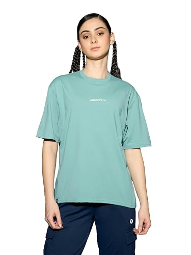 Image of TECHNOSPORT Women's Printed Boxy Fit Round Neck T-Shirt COTFLEX Half Sleeve Slip On Polyester for Gym Yoga Workout UPF50+ Anti Odour