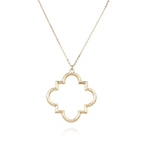 POMINA Gold Fashion Long Chain Necklace Quatrefoil Necklace Two-Tone Clover Pendant Necklace Geometric Pendant Sweater Long Necklace for Women