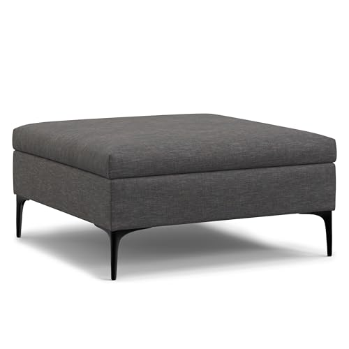 SIMPLIHOME Rebecca 36 inch Wide Contemporary Square Mid Century Coffee Table Storage Ottoman with Lift Up Lid in Slate Grey Polyester Linen, Assembled, For the Living Room, Entryway and Family Room