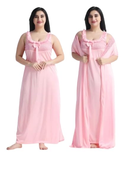 Conighty - Women's Satin Lace 2pcs Nighty Robe Set U-Neck Sleeveless Ankle Length Maxi Nightwear Sexy Silky Lace Nighty II Attractive & Stylish Night Wear-image-25