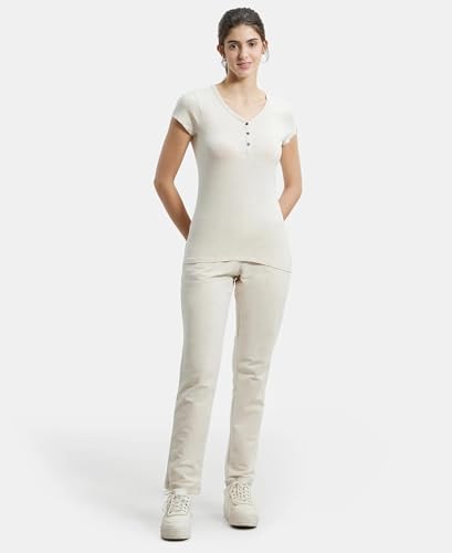 Image of Jockey UL03 Women's Super Combed Cotton Elastane Stretch Slim Fit Solid V Neck Henley Styled Half Sleeve T-Shirt