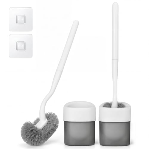 EINESIN Toilettenbürste, WC-Bürste und Behälter, Klobürste mit randreiniger, Klobürste gebogen, Langer Stiel, Kunststoff-Toilettenbürstenset mit Starken Borsten für Tiefenreinigung (2 Stück（Upgrade）)