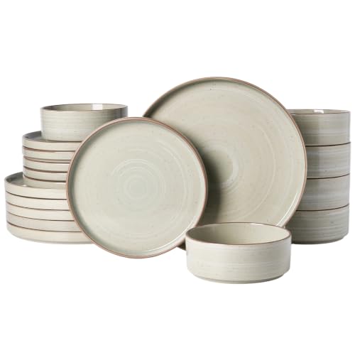 Image of Famiware Stellar 18-Piece Stoneware Dinnerware Set, Matcha Green | Stoneware Plates and Bowls, Handmade Reactive Glaze, Microwave & Dishwasher Safe, Chip & Scratch Resistant