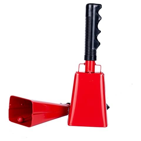 Musfunny Steel Cow Bell 2pcs,Cowbells 8 inch with Handle,Cheering Hand Bell for Football Games,Party, Farm,Sports Events,Hand Chimes Music Instrument (Red) Cover