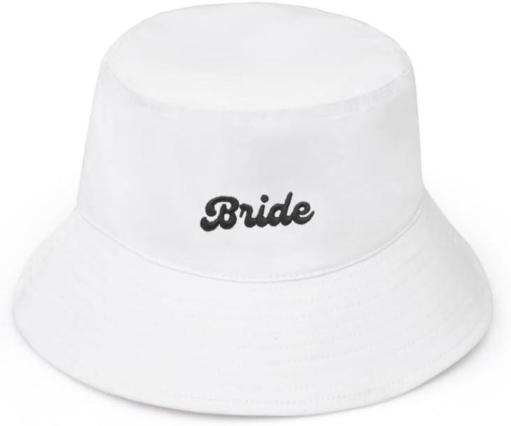 xo, Fetti Bachelorette Party Decorations White Bride Bucket Hat | Bridal Gift, White and Black Embroidered, Cotton, Engagement, White, Black, 7