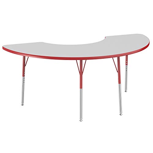 Image of FDP Half Moon Activity School and Office Table (36 x 72 inch), Standard Legs with Swivel Glides for Collaborative Seating Environments, Adjustable Height 19-30 inches - Gray Top and Red Edge