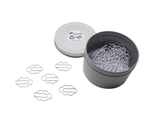 Butler in the Home 100 Count Cloud Shaped Paper Clips Great for Paper Clip Collectors or Office Gift - Comes in Round Tin with Lid and Gift Box (White)