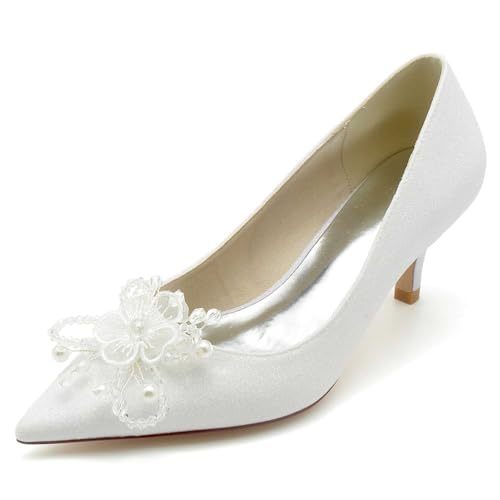 Women's Pearl Pointed-Toe Pumps with Slip-On - Kitten Heel & High Heel Perfect for Weddings, Bridal Parties, Work, & Formal Dresses