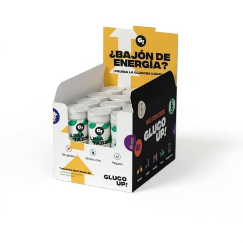 Pack 12 Tubos Pastillas de glucosa GLUCO UP! LIMA TABS - Tabletas de glucosa masticables para hipoglucemias, sabor lima/Acción rápida/Diabetes Tipo 1 /Diabetes Tipo 2