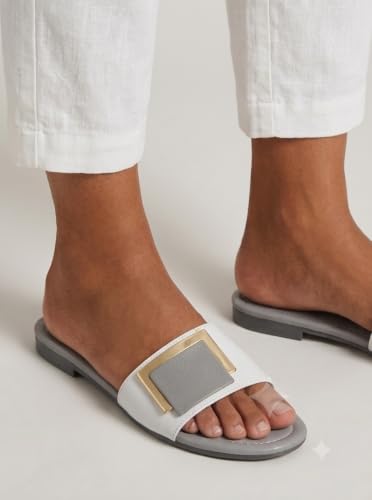 Image of Women's Slide Sandals with Square Gold Buckle, White & Grey
