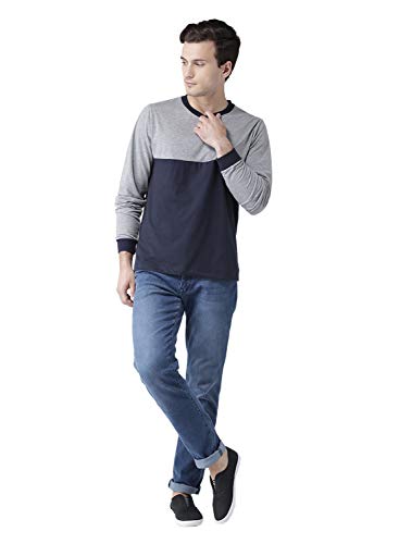 Image of Kalt Men's Dual Colour Full Sleeves Round Neck Cotton Blend T-Shirt(Light Grey Melange::Navy)