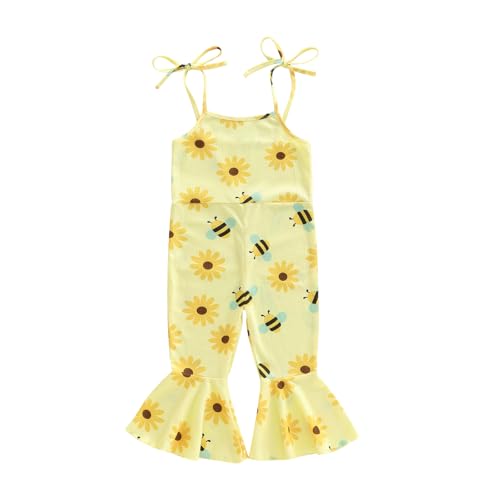 Lefyira Toddler Bee Outfit Baby Girl Summer Jumpsuit Sleeveless Floral Bell Bottom Romper Flare Overalls Bee Birthday Outfit (15 Yellow 12-18 Months)