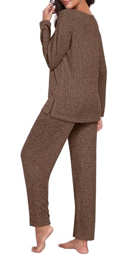 TAOHUADAO Womens Lounge Set Long Sleeve Pajama Sets 2 Piece Pj Outfits Casual Ribbed Knit Sleepwear with Pockets3