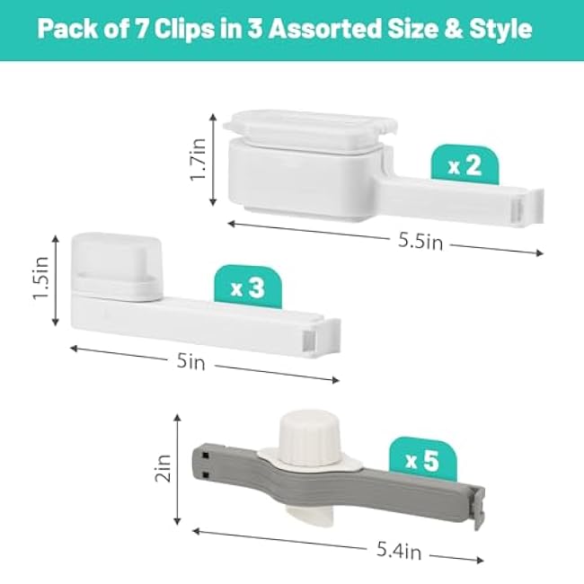 7PCS Bag Clips for Food,3 Sizes Bag Clips with Pour Spout Reusable Food Storage Clip with Graduated Lid,Sealing Clip with Nozzle Snack Dispenser Ideal for Cereal Liquid Flour Cat/Dog Organization