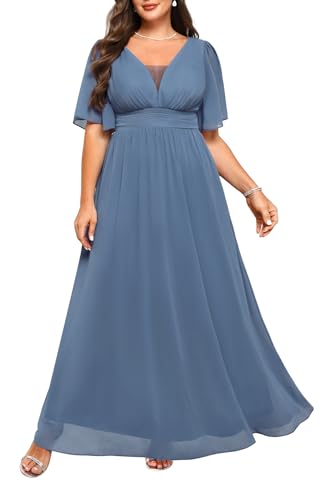 Talisea Formelle Kleider in Übergröße – V-Ausschnitt, Flatterärmel, Abendkleid, Brautjungfer, Hochzeit, Gäste, Chiffon, langes Maxikleid, Blau,...